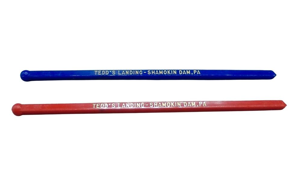Tedd's Landing Shamokin Dam PA Swizzle Stick Lot of 2 Blue & Red Vintage